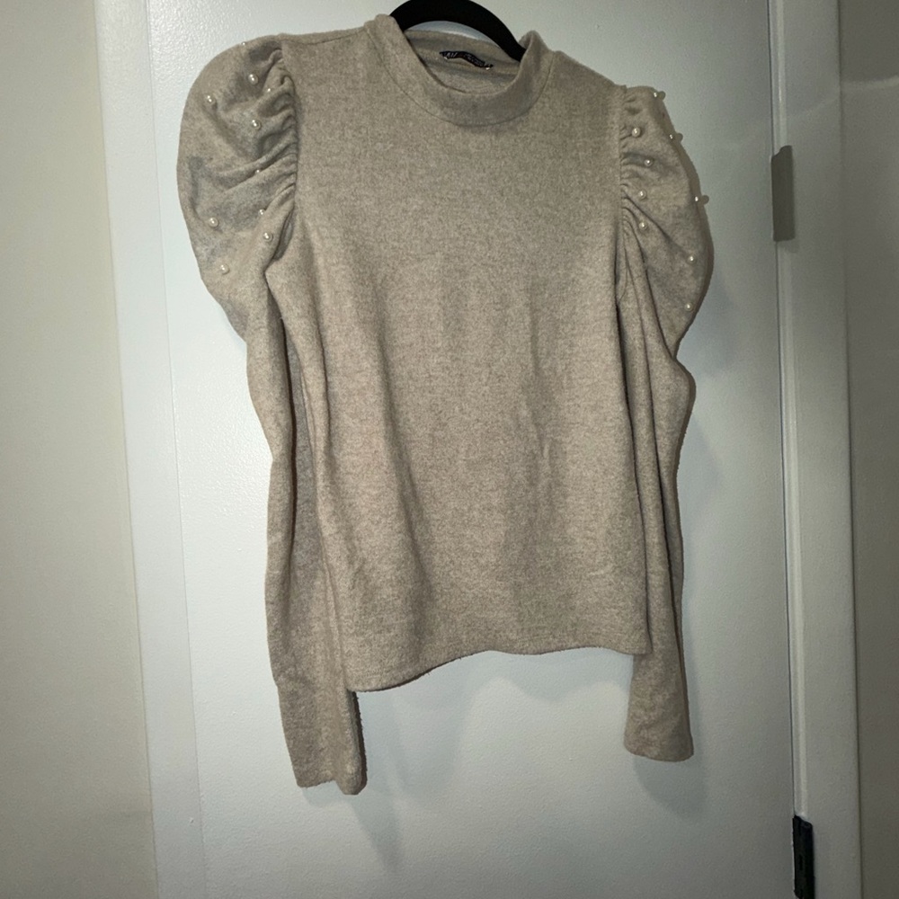 Zara Cream Puff Sleeve Pearl Accent Sweater